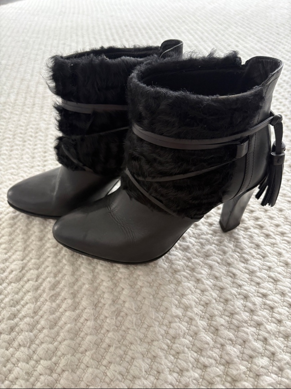 Ralph Lauren Collection Leather Black Fur-Trim Ankle Boots with Tassel Detail 8